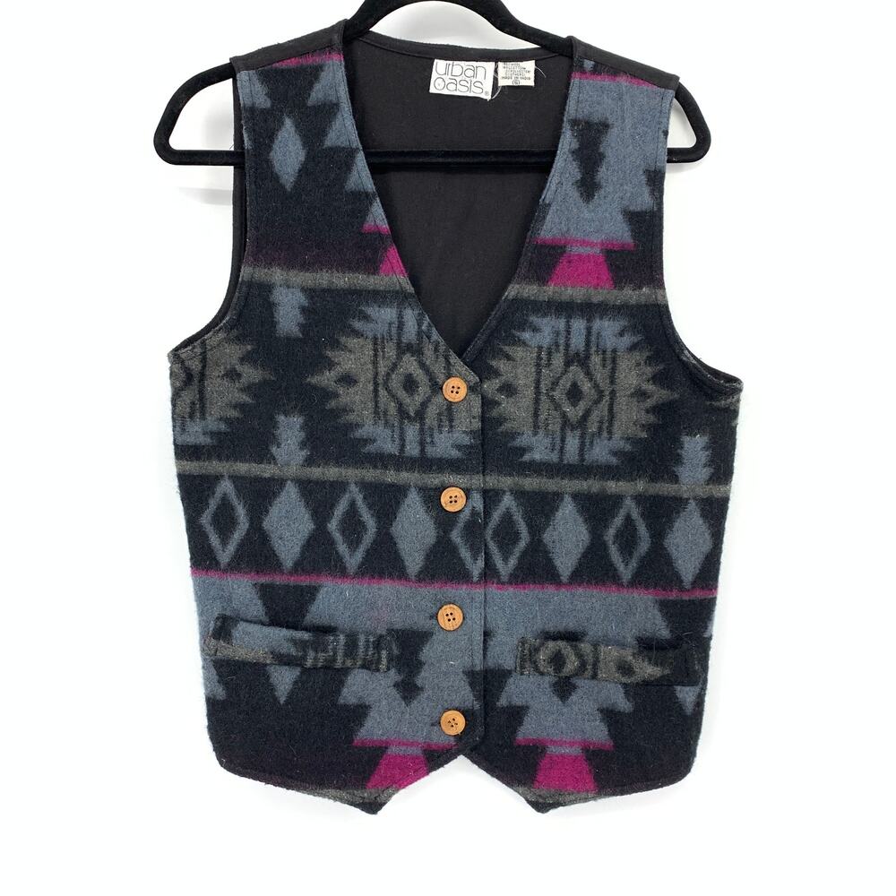Vintage Urban Oasis Button Front Vest Womens Size S Southwest Blanket Wool Front